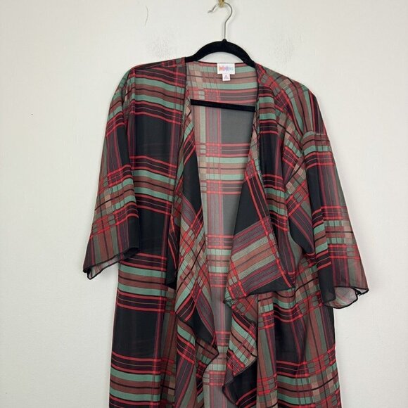 Lularoe Shirley Kimono Red Black Holiday Plaid Sheer Kimono Size Medium - Picture 2 of 5